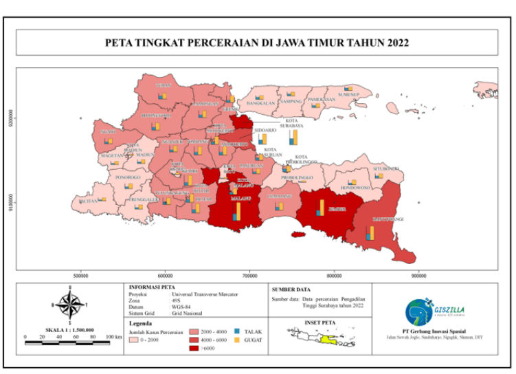 Peta Tingkat Perceraian Daerah Jawa Timur Tahun 2022